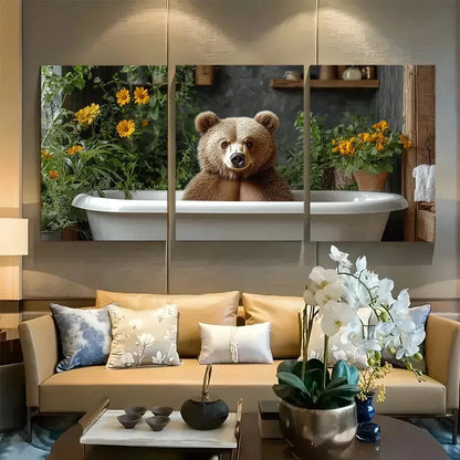 3pcs Charming Bear in Bathtub with Floral Elegance Metal Print Ready to Hang Art