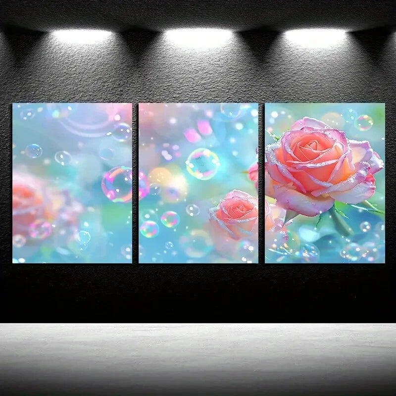 3pcs Vibrant Pink Rose with Bubbles Illustration Metal Print Ready to Hang Art