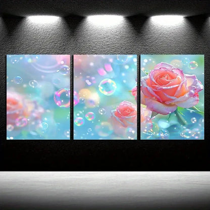 3pcs Vibrant Pink Rose with Bubbles Illustration Metal Print Ready to Hang Art