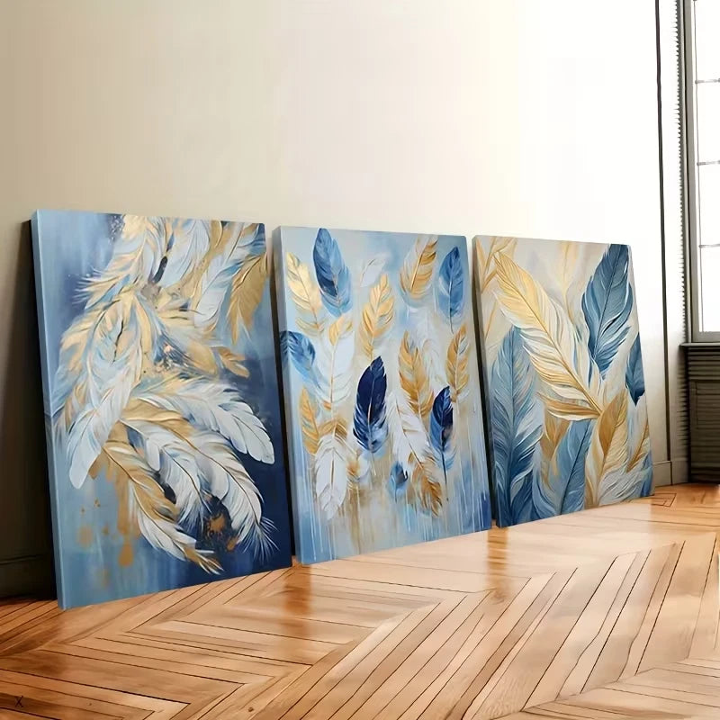 3pcs Abstract Blue And Golden Feather Wall Art Set Canvas Framed 60x90cm – High Quality Print, 100% Australian Made, Ready to Hang