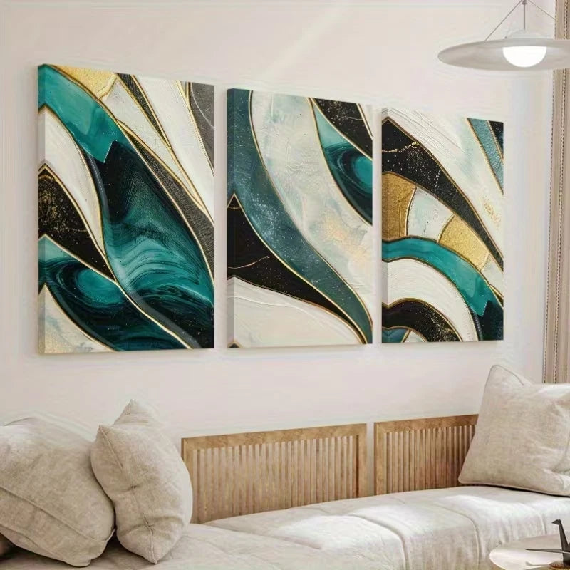 3pcs Abstract Golden & Green Geometric Wall Art Set Canvas Framed 40x60cm - High Quality Print 100% Australian Made Wall Canvas Ready to Hang