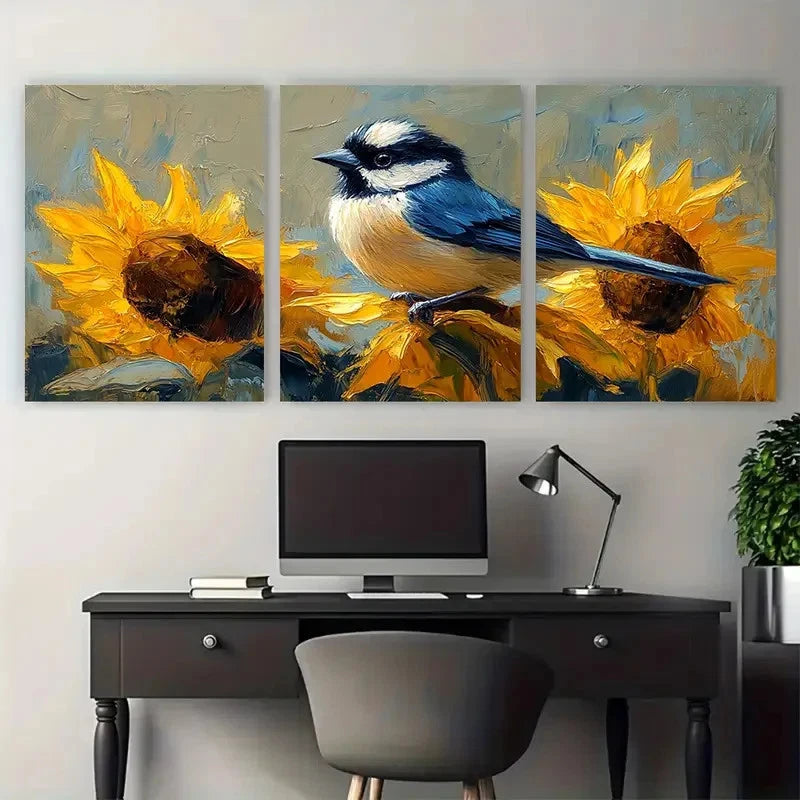 3pcs Vibrant Chickadee Sunflowers Floral Metal Print Ready to Hang Art
