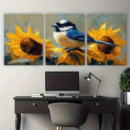 3pcs Vibrant Chickadee Sunflowers Floral Metal Print Ready to Hang Art
