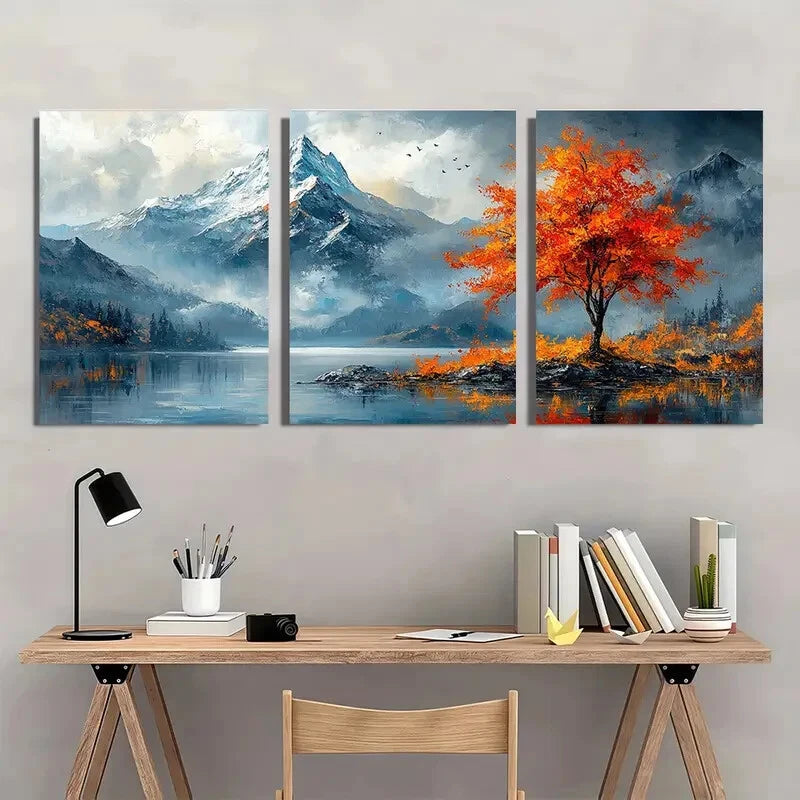 3pcs Mountain Landscape Textured Oil Painting Metal Print Ready to Hang Art
