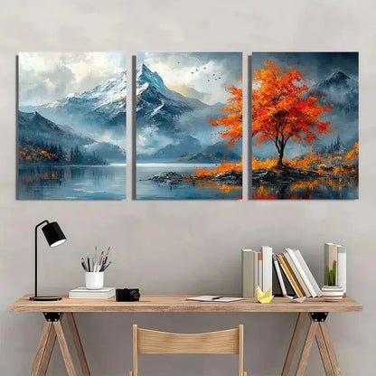 3pcs Mountain Landscape Textured Oil Painting Metal Print Ready to Hang Art