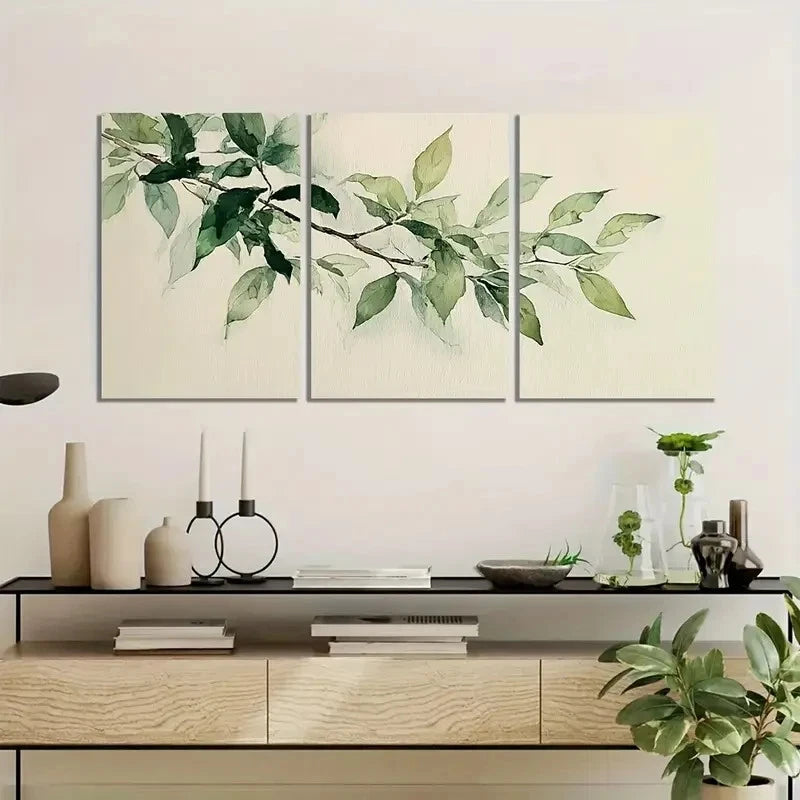 3pcs Watercolor Green Leaves on Branch Art Metal Print Ready to Hang Art