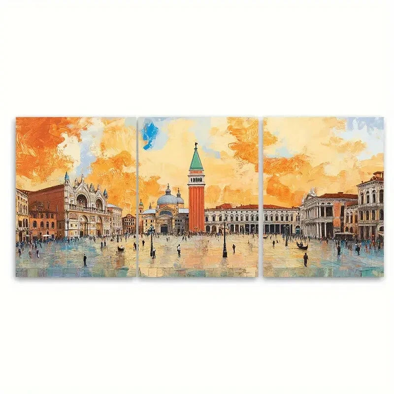 3pcs Venice Italy Travel Poster Orange Sky Metal Print Ready to Hang Art