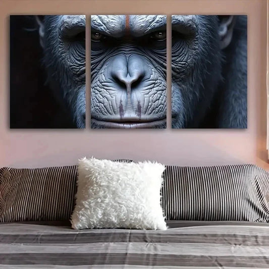 3pcs Intense Gorilla Portrait Metal Print Ready to Hang Art