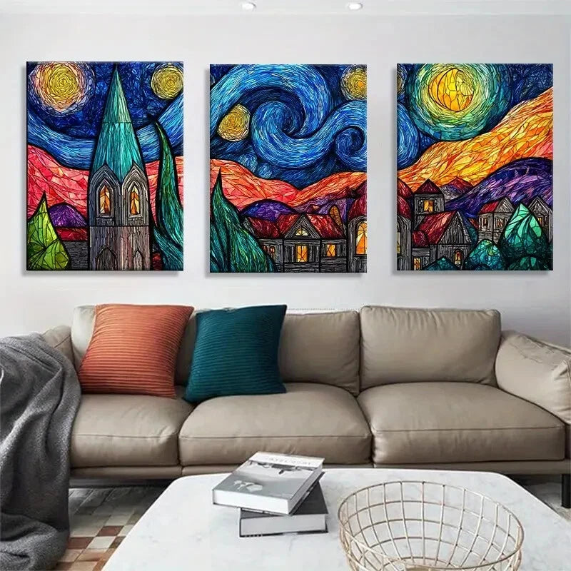 3pcs Stained Glass Starry Night Van Gogh Metal Print Ready to Hang Art