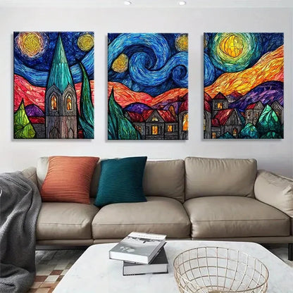 3pcs Stained Glass Starry Night Van Gogh Metal Print Ready to Hang Art