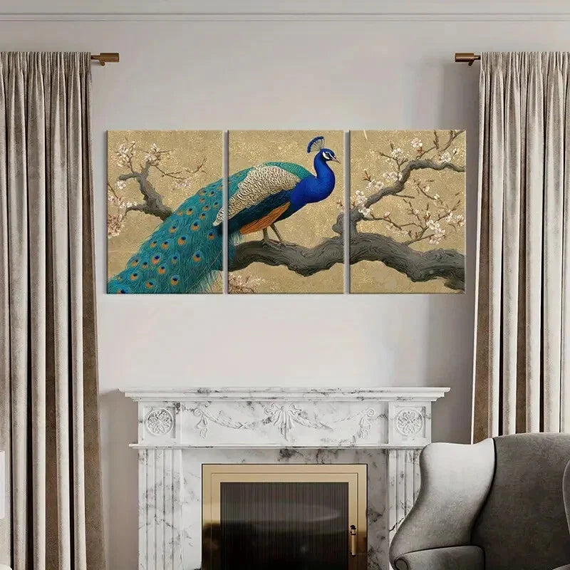3pcs Peacock Art Blossom Branches Elegant Design Metal Print Ready to Hang Art