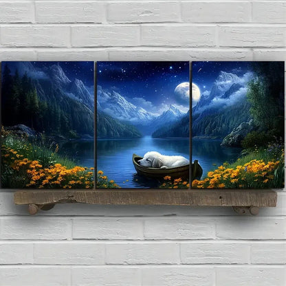 3pcs Dog Sleeping on Small Boat Metal Print Ready to Hang Art