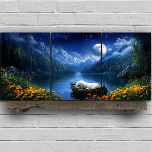 3pcs Dog Sleeping on Small Boat Metal Print Ready to Hang Art
