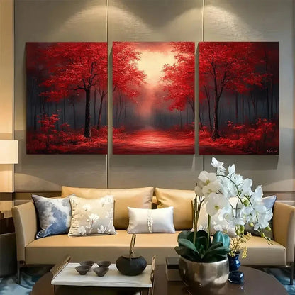 3pcs Vibrant Enchanted Red Tree Forest Metal Print Ready to Hang Art