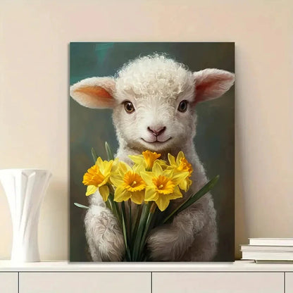 Cute Baby Lamb Holding Daffodils Painting  40x60cm Metal Print Ready to Hang