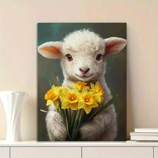 Cute Baby Lamb Holding Daffodils Painting  40x60cm Metal Print Ready to Hang