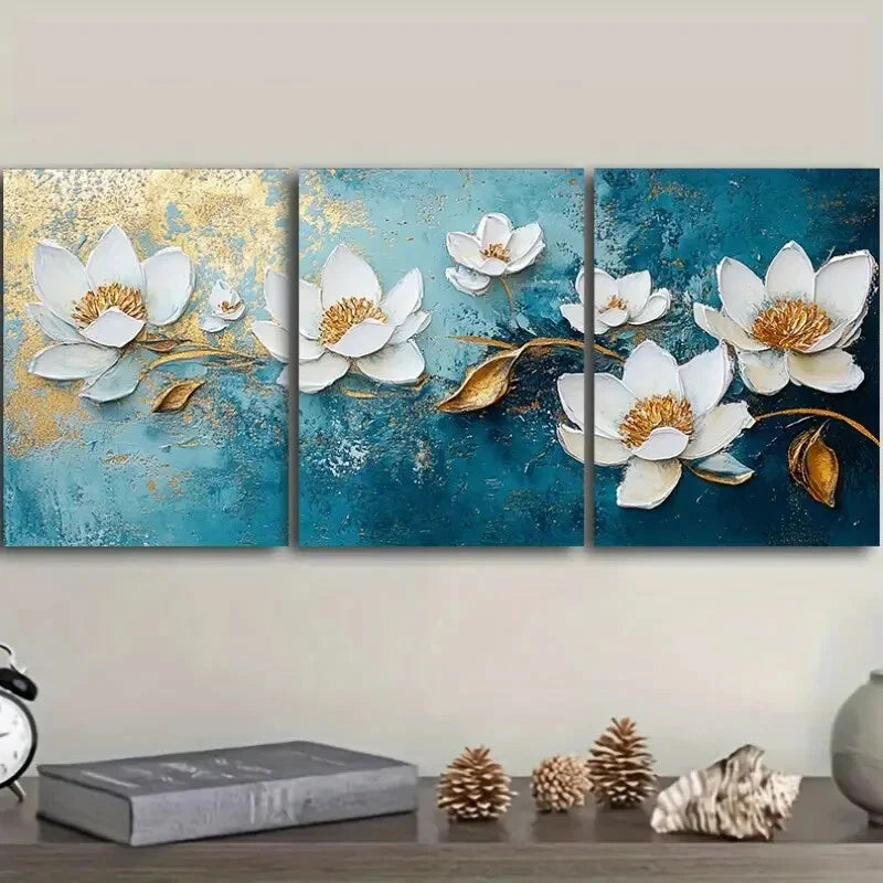 3pcs  White Flowers on Blue Background  Metal Print Ready to Hang Art