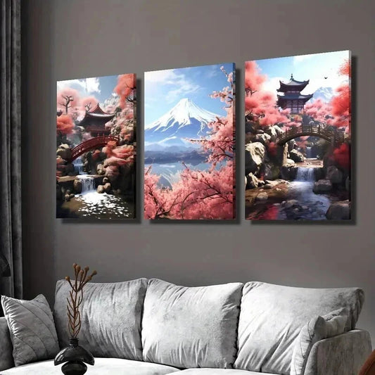 3pcs Japanese Red Cherry Blossom Trees Wall Art Set Canvas Framed 40x60cm - High Quality Print 100% Australian Made Wall Canvas Ready to Hang