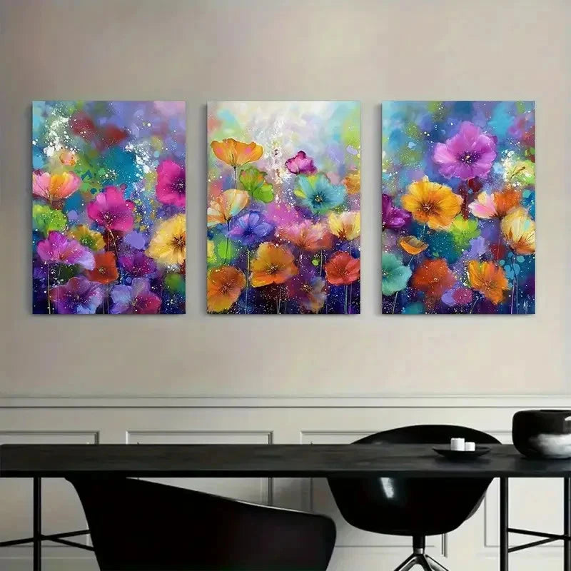3pcs Colorful Floral Garden with Bokeh Effects Metal Print Ready to Hang Art