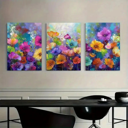 3pcs Colorful Floral Garden with Bokeh Effects Metal Print Ready to Hang Art