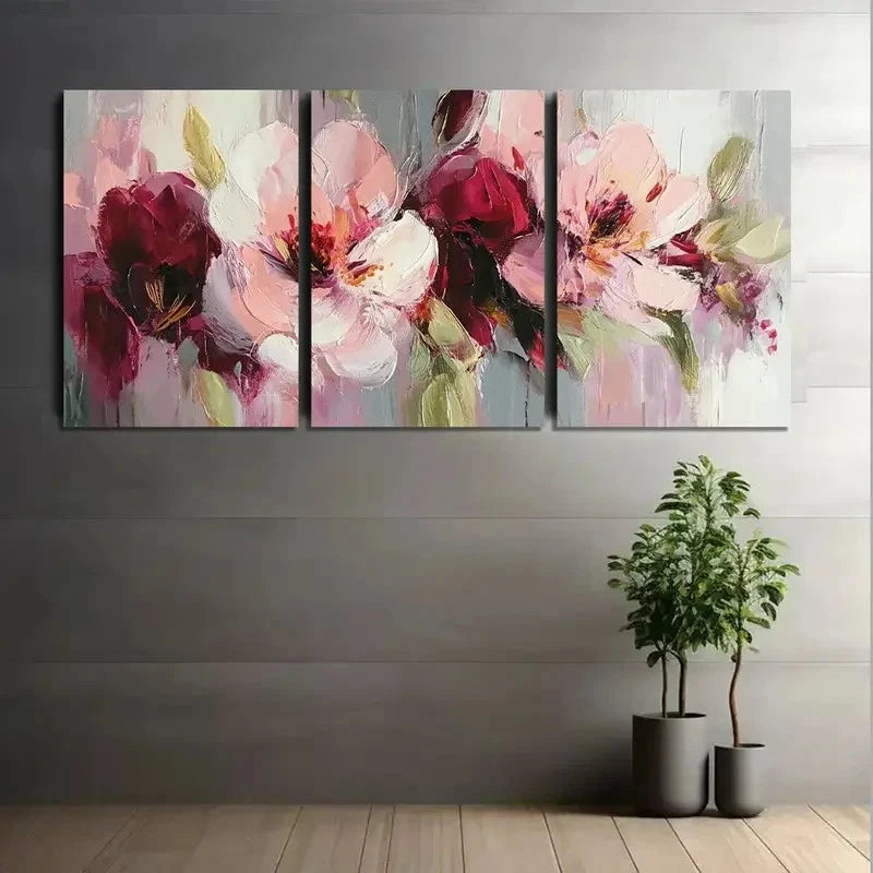 3pcs Abstract Floral Painting in Pink-Burgundy Metal Print Ready to Hang Art