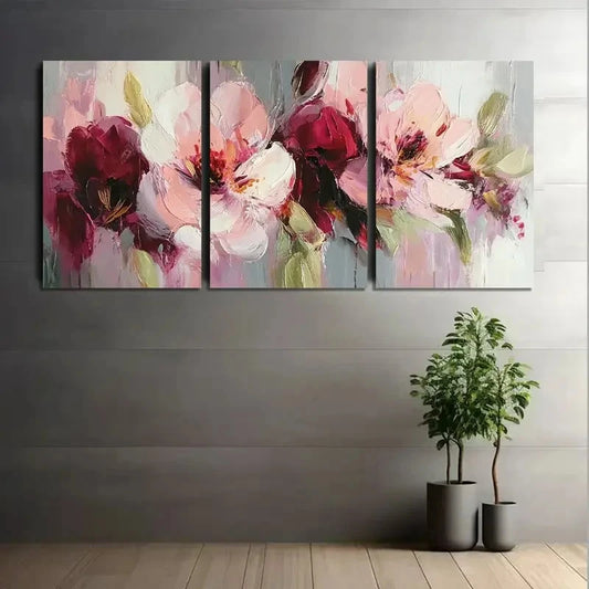 3pcs Abstract Floral Painting in Pink-Burgundy Metal Print Ready to Hang Art