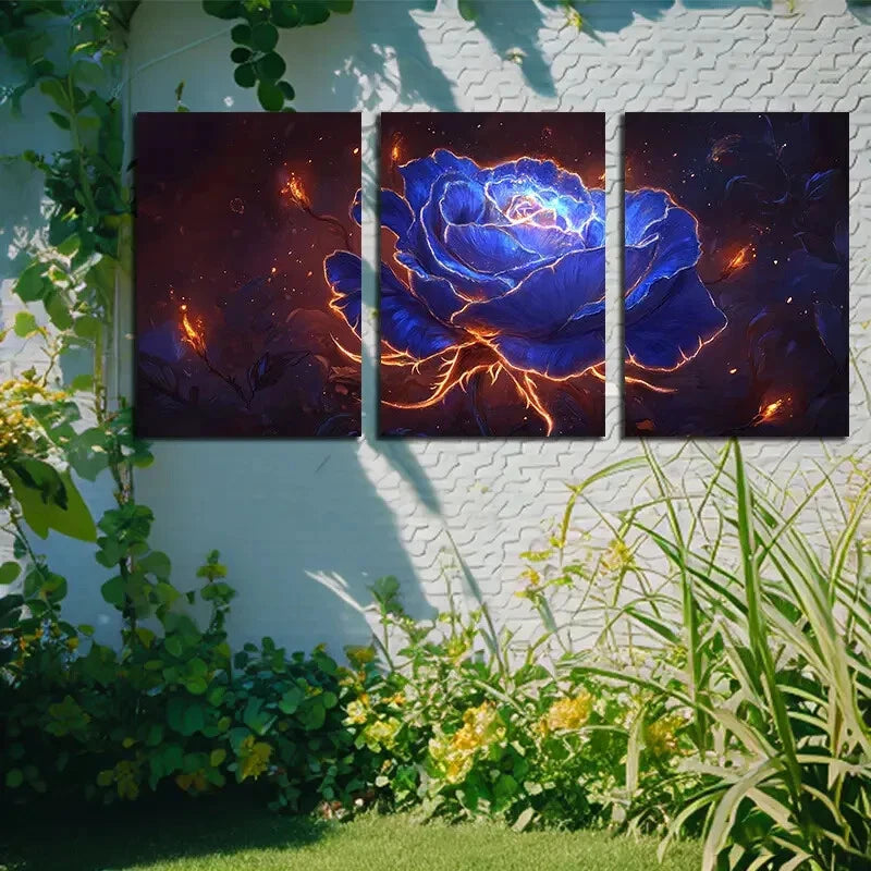 3pcs Vibrant Mystical Blue Rose Illustration Metal Print Ready to Hang Art