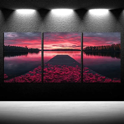 3pcs Red leaves cover the Dock Illustration Metal Print Ready to Hang Art