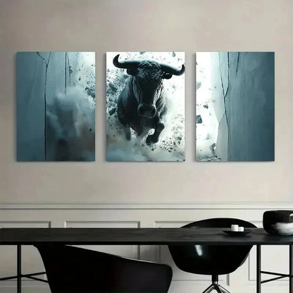 3pcs Anthropomorphic Bull Breaking Through Walls Metal Print Ready to Hang Art