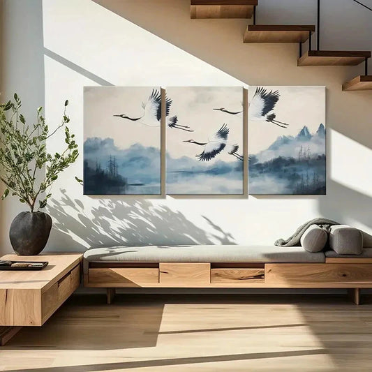 3pcs Elegant Crane Flight Traditional Asian Art Metal Print Ready to Hang Art