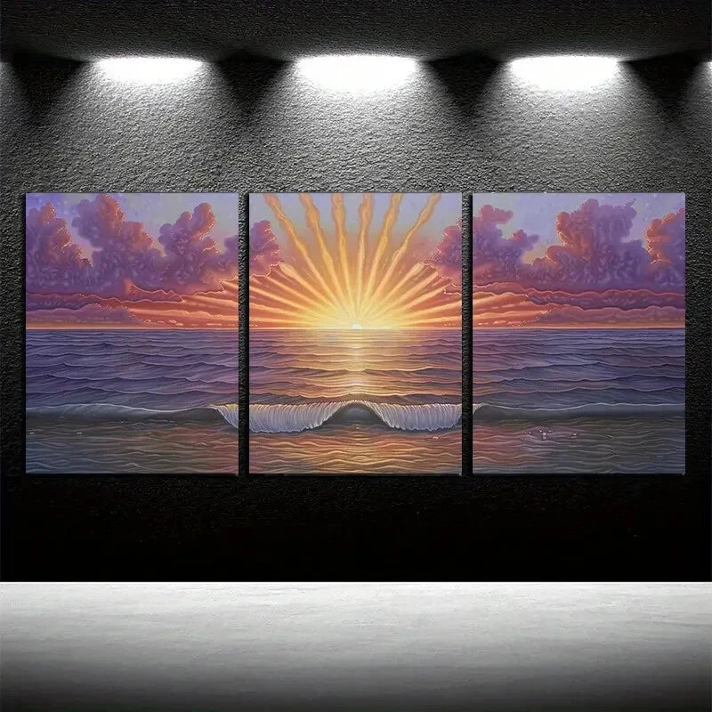 3pcs Vibrant Ocean Wave Illustration Metal Print Ready to Hang Art