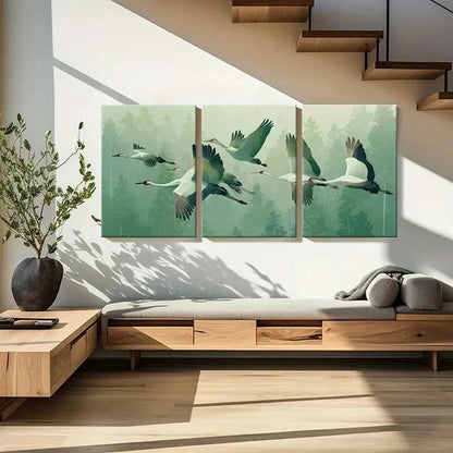 3pcs Elegant Crane Flight in Forest Asian Metal Print Ready to Hang Art