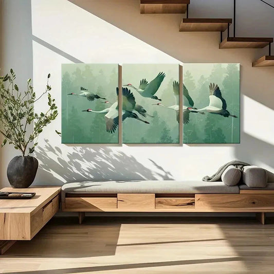 3pcs Elegant Crane Flight in Forest Asian Metal Print Ready to Hang Art