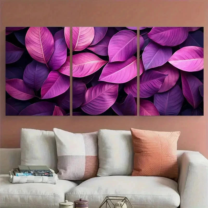 3pcs Deep Pink Purple Nature Tropical Leaves Metal Print Ready to Hang Art