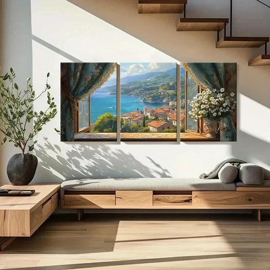 3pcs Seaside Mediterranean Landscape Metal Print Ready to Hang Art