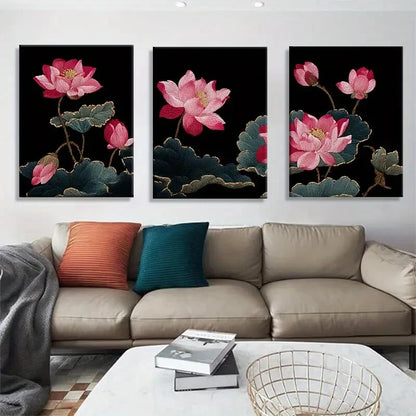 3pcs Embroidered for Lotus Elegant Pink Flower Metal Print Ready to Hang Art