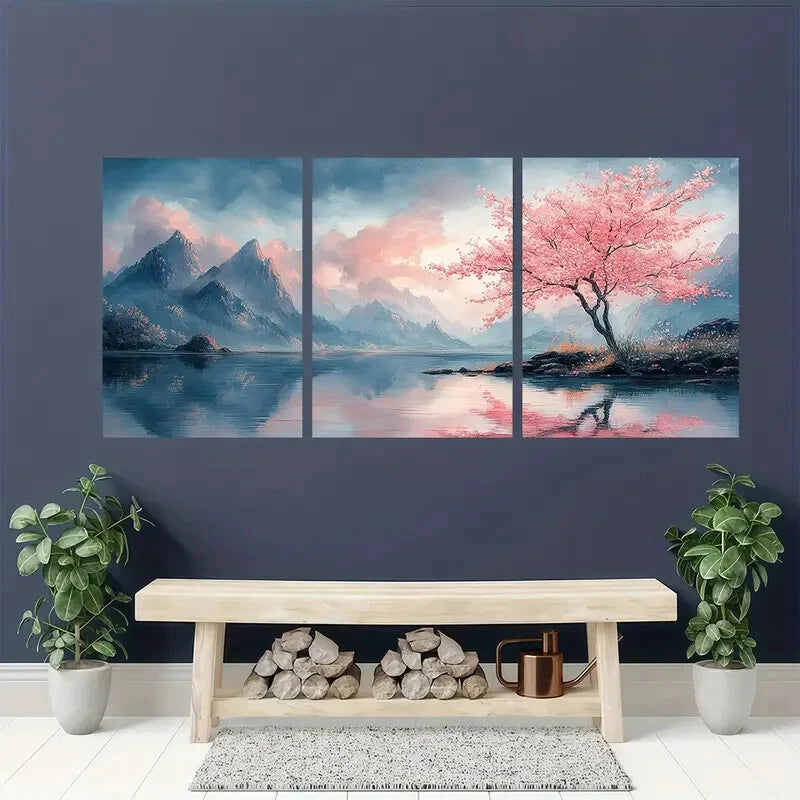 3pcs Tranquil Blossoming Cherry Tree Landscape Metal Print Ready to Hang Art