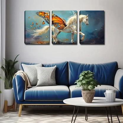 3pcs Horse With Butterfly Wings Blue Perfect Wall Art Set Canvas Framed 40x60cm - High Quality Print 100% Australian Made Wall Canvas Ready to Hang