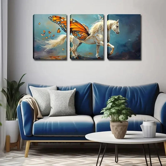3pcs Horse With Butterfly Wings Blue Perfect Wall Art Set Canvas Framed 40x60cm - High Quality Print 100% Australian Made Wall Canvas Ready to Hang