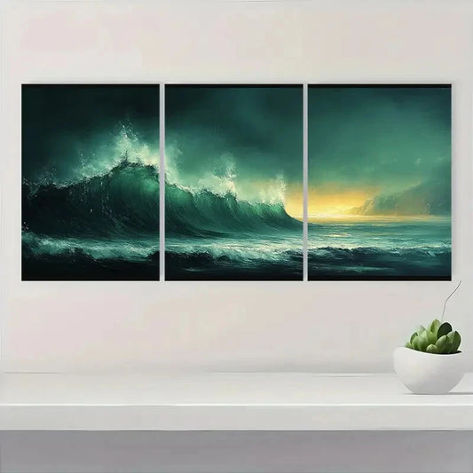 3pcs Green Abstract Landscape Sunset Reflections Metal Print Ready to Hang Art