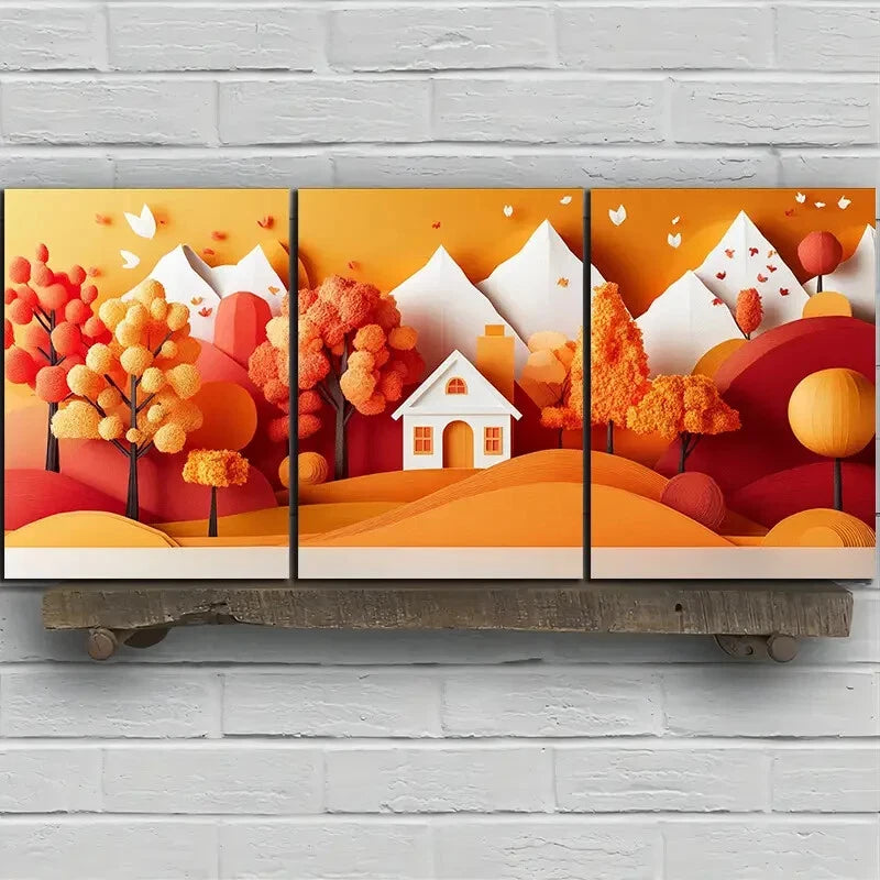 3pcs Mountains And Cabins Colourful Metal Print Ready to Hang Art