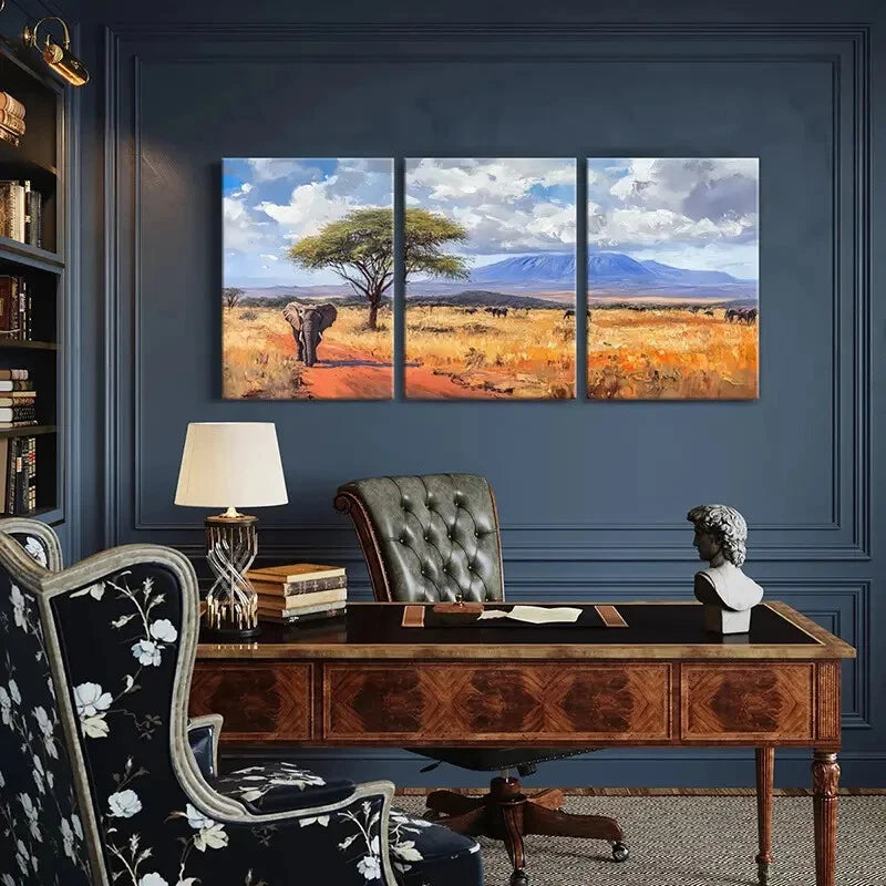 3pcs African Landscape Elephant Acacia Tree Metal Print Ready to Hang Art