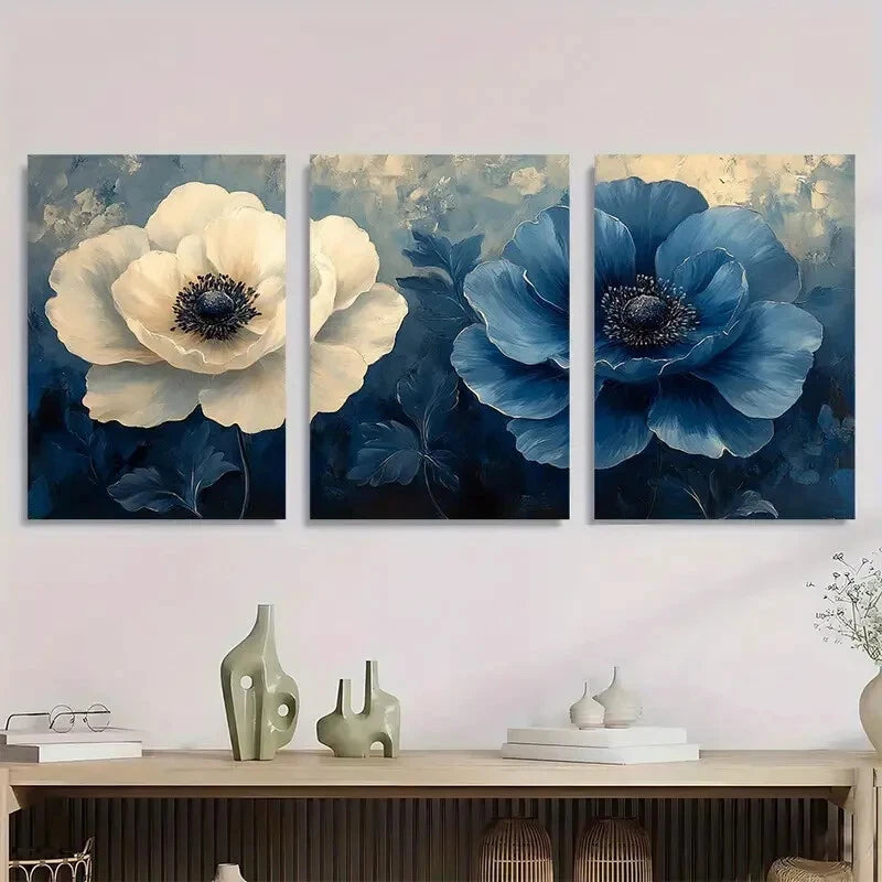 3pcs Gray White & Blue Flowers Golden Accents Metal Print Ready to Hang Art