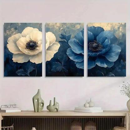 3pcs Gray White & Blue Flowers Golden Accents Metal Print Ready to Hang Art