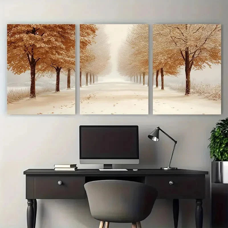 3pcs Sepia Toned Autumn Winter Trees Lining A Path Metal Print Ready to Hang Art