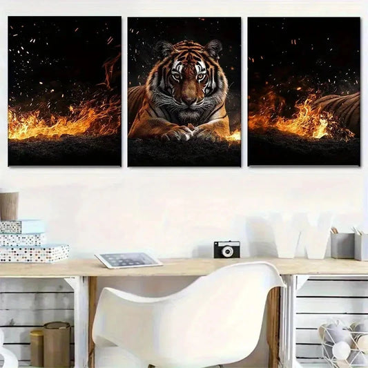 3pcs Set Tiger in Flames Effect Metal Print Ready to Hang Art