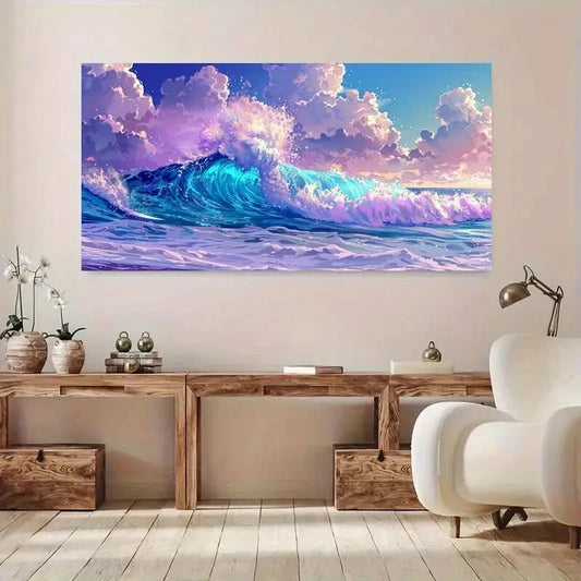 Vibrant Cloudy Ocean Waves wall canvas office home room framed 120x60cm - Bella Home Decor