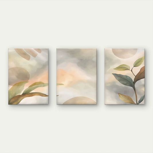 3pcs Minimalist Modern Neutral With Leaves Wall Art Set Canvas Framed 40x60cm - High Quality Print 100% Australian Made Wall Canvas Ready to Hang