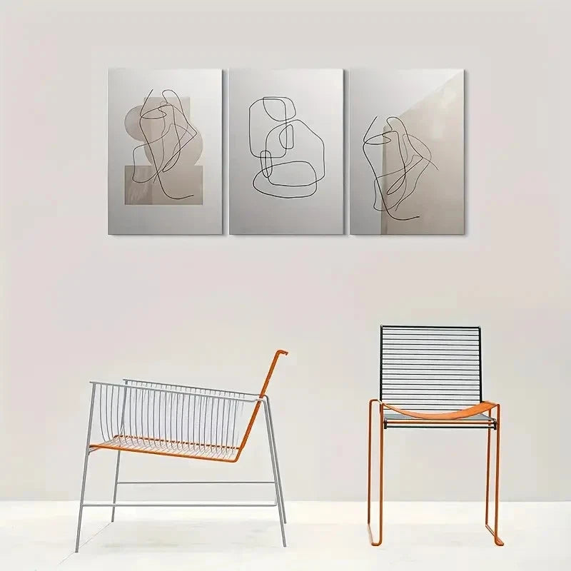 3pcs Modern Abstract Beige Black Line Drawing Metal Print Ready to Hang Art