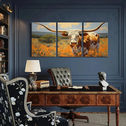 3pcs Vibrant Texas Landscape & Orange Flowers Metal Print Ready to Hang Art